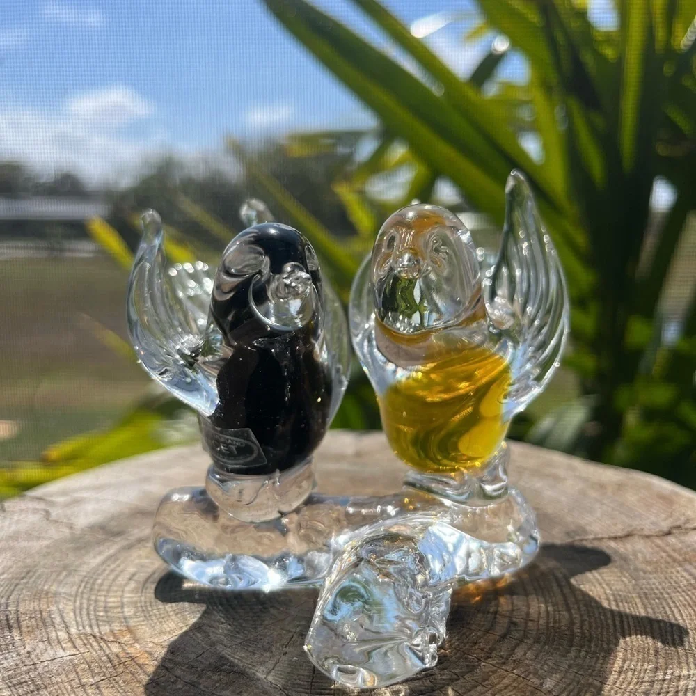Murano Dove Birds Amber and Black on branch vintage